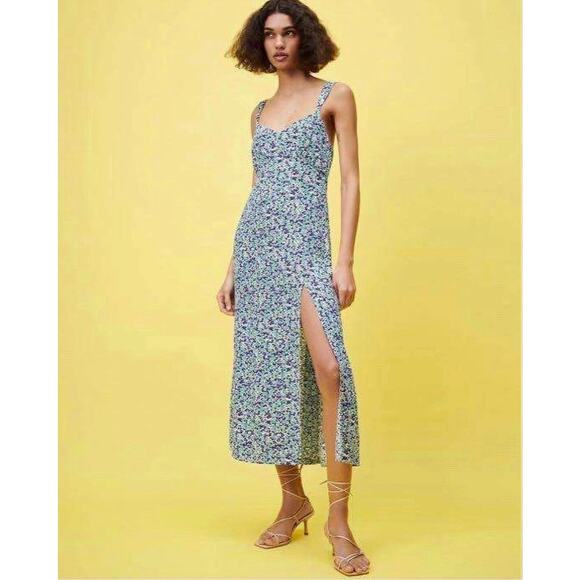 Zara Dresses & Skirts - Zara Blue Floral Smocked V Neck Sleeveless Cami Camisole Slit Sheath Midi Dress